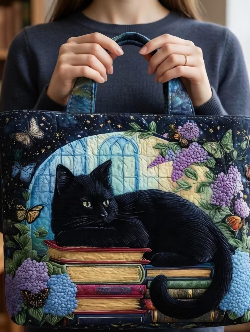 Black Cat Quilted Tote Bag with Floral & Book Illustration
